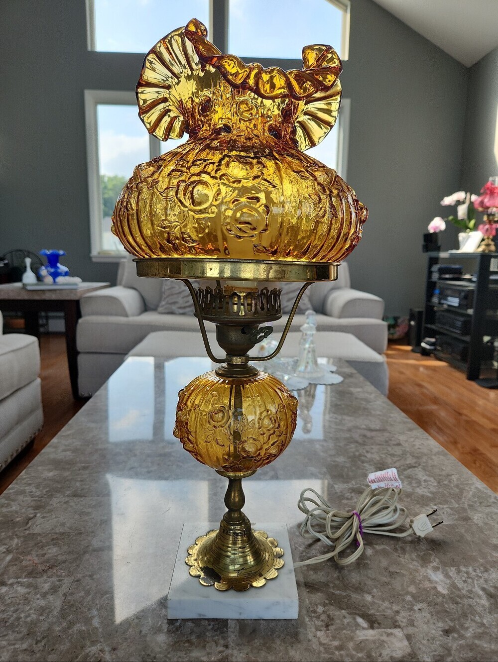 Fenton Amber Cabbage Rose Student Lamp
